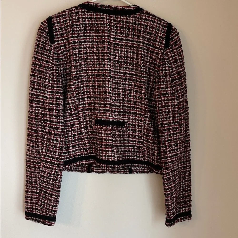 Mango Tweed cropped boxy Black red white full zip Blazer suit jacket women 8 EUC